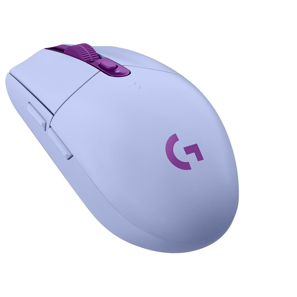 Jasnofioletowa mysz gamingowa Logitech z fioletowymi akcentami i fioletowym logo G.
