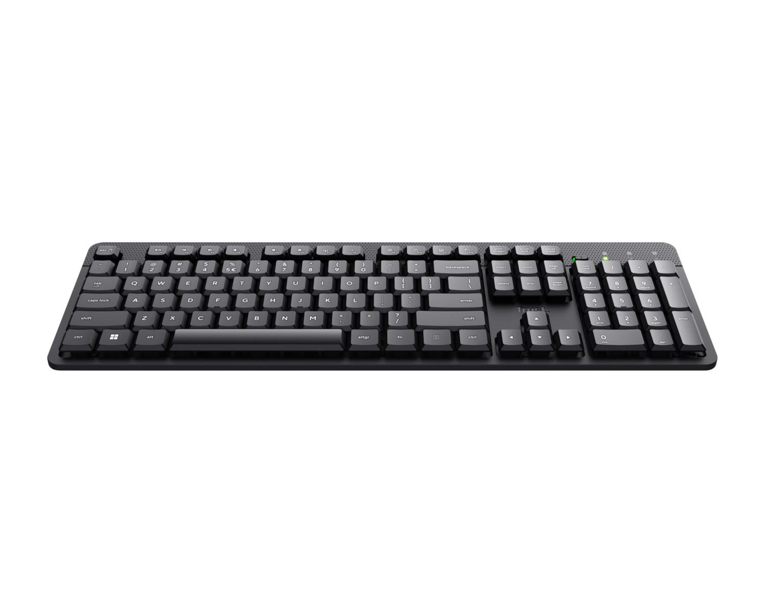 Una tastiera per computer wireless nera con tastierino numerico.
