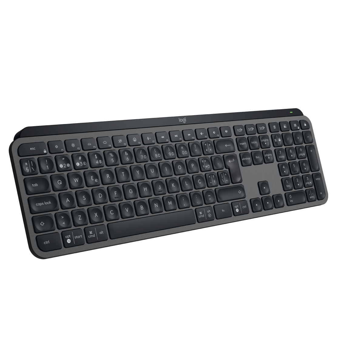 Una tastiera Logitech scura, sottile e retroilluminata mostrata su sfondo bianco.