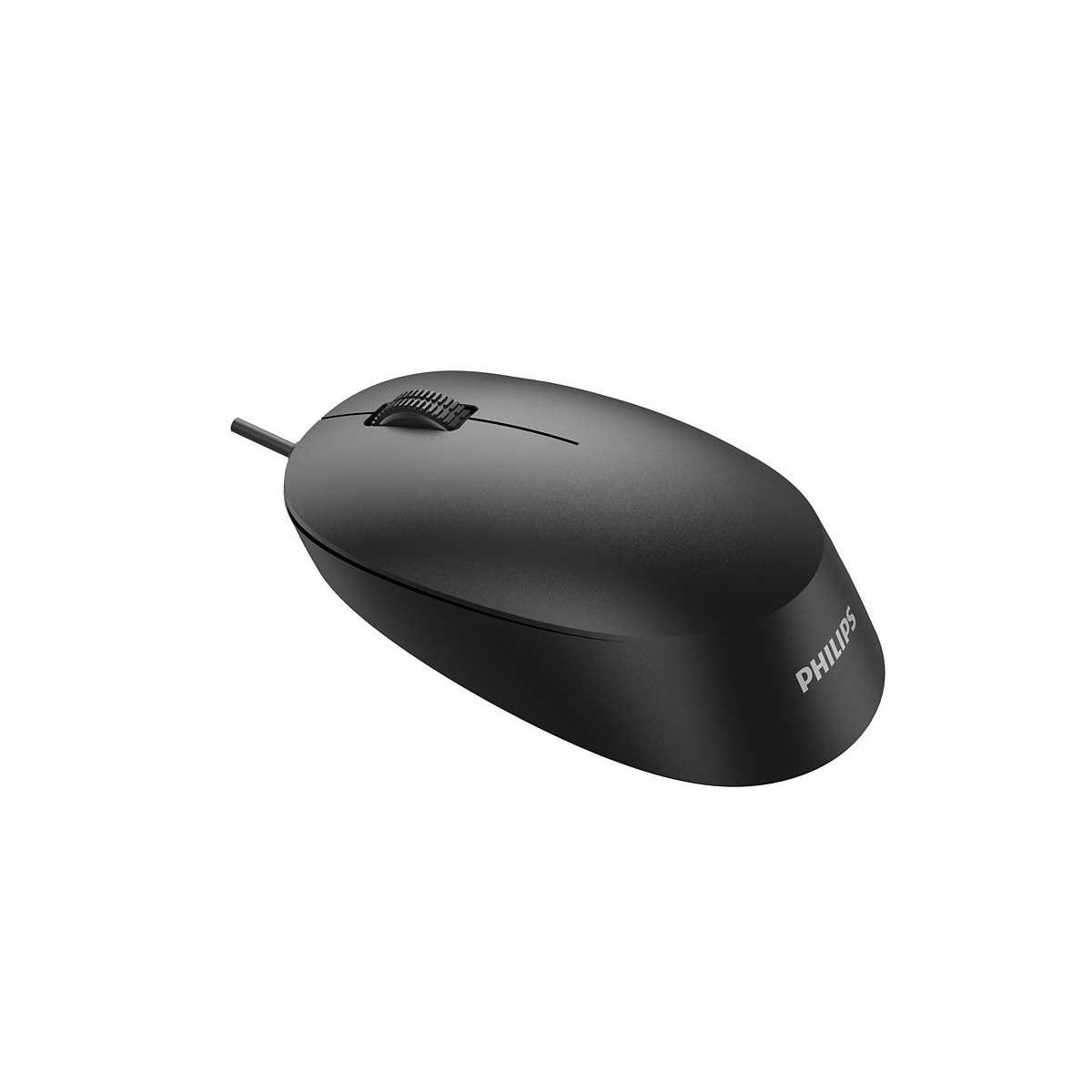 Mouse per computer Philips nero con rotellina e cavo, su sfondo bianco.