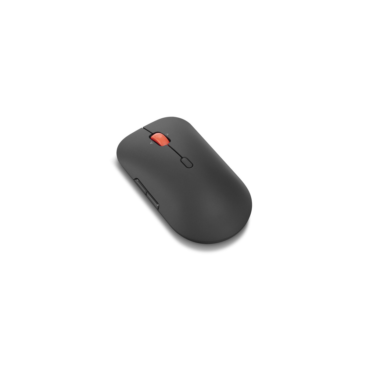 A black computer mouse with an orange scroll wheel on a white background.