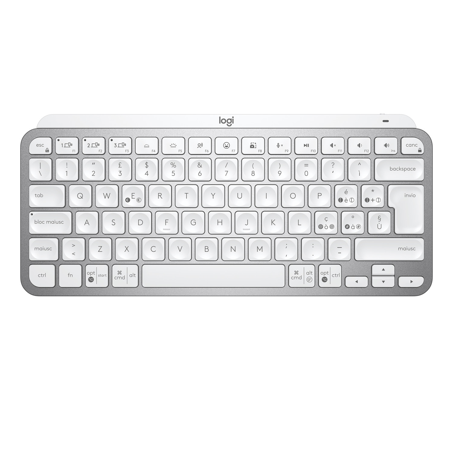 Una tastiera Logitech con corpo argentato e tasti bianchi.