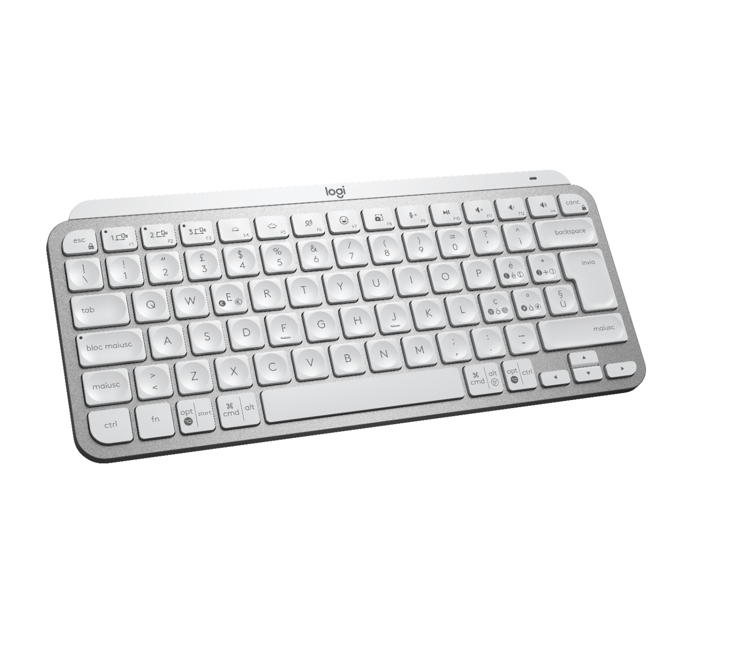 Tastiera Logitech argento con tasti bianchi su sfondo bianco.