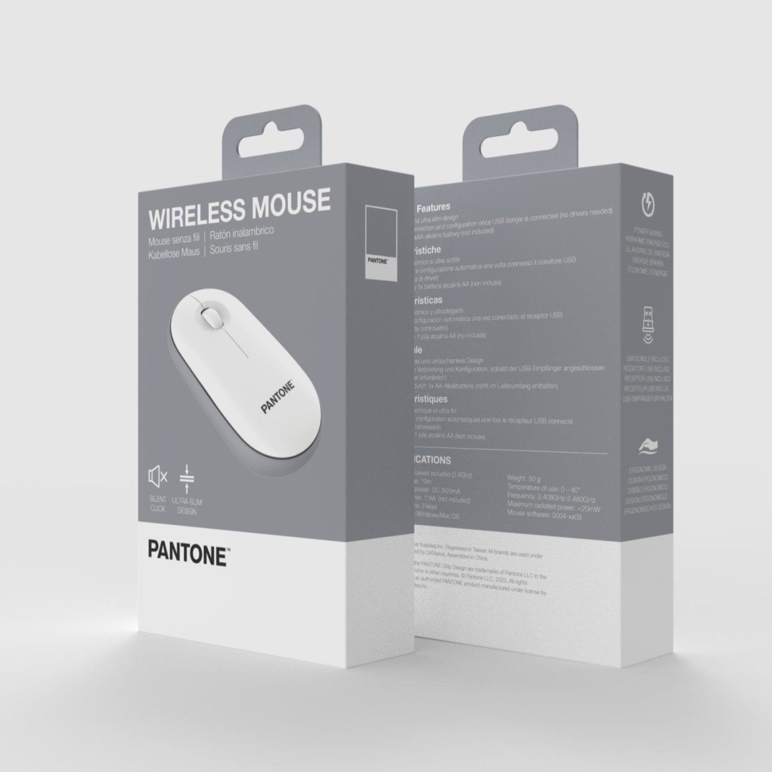Confezione di un mouse wireless bianco e sottile con logo Pantone e caratteristiche del prodotto.