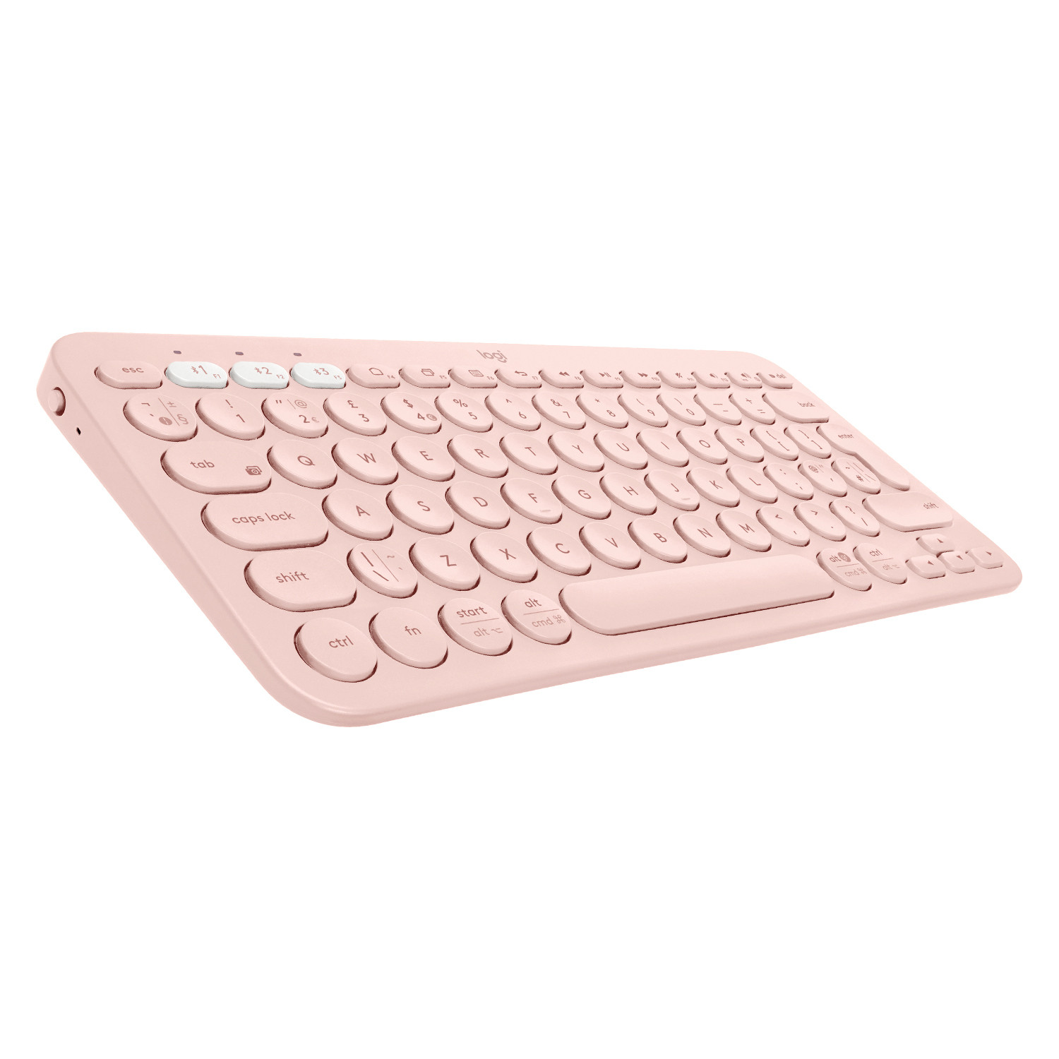 Una tastiera wireless rosa con tasti rotondi su sfondo bianco.