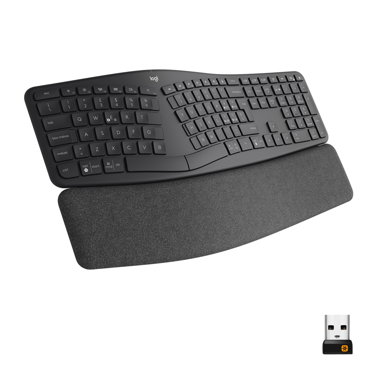 Schwarze ergonomische Tastatur mit Handballenauflage und USB-Dongle, weißer Hintergrund.