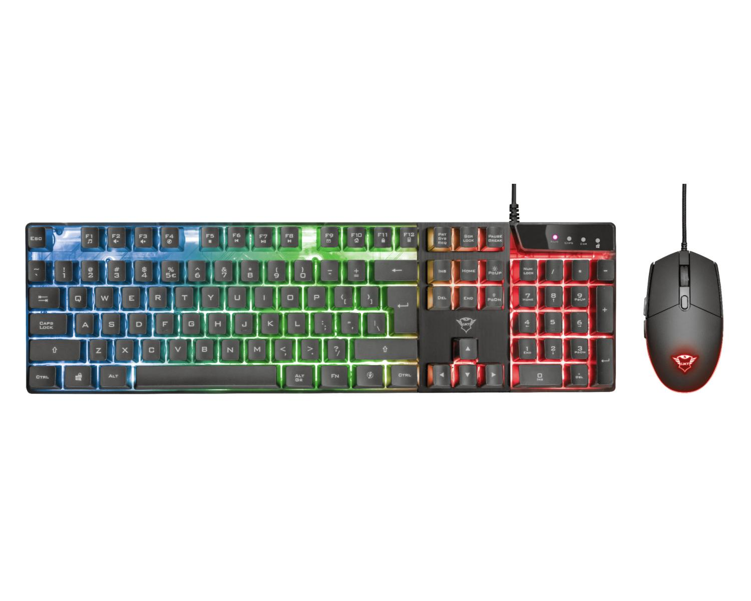 Una tastiera gaming nera con illuminazione RGB colorata e un mouse nero.