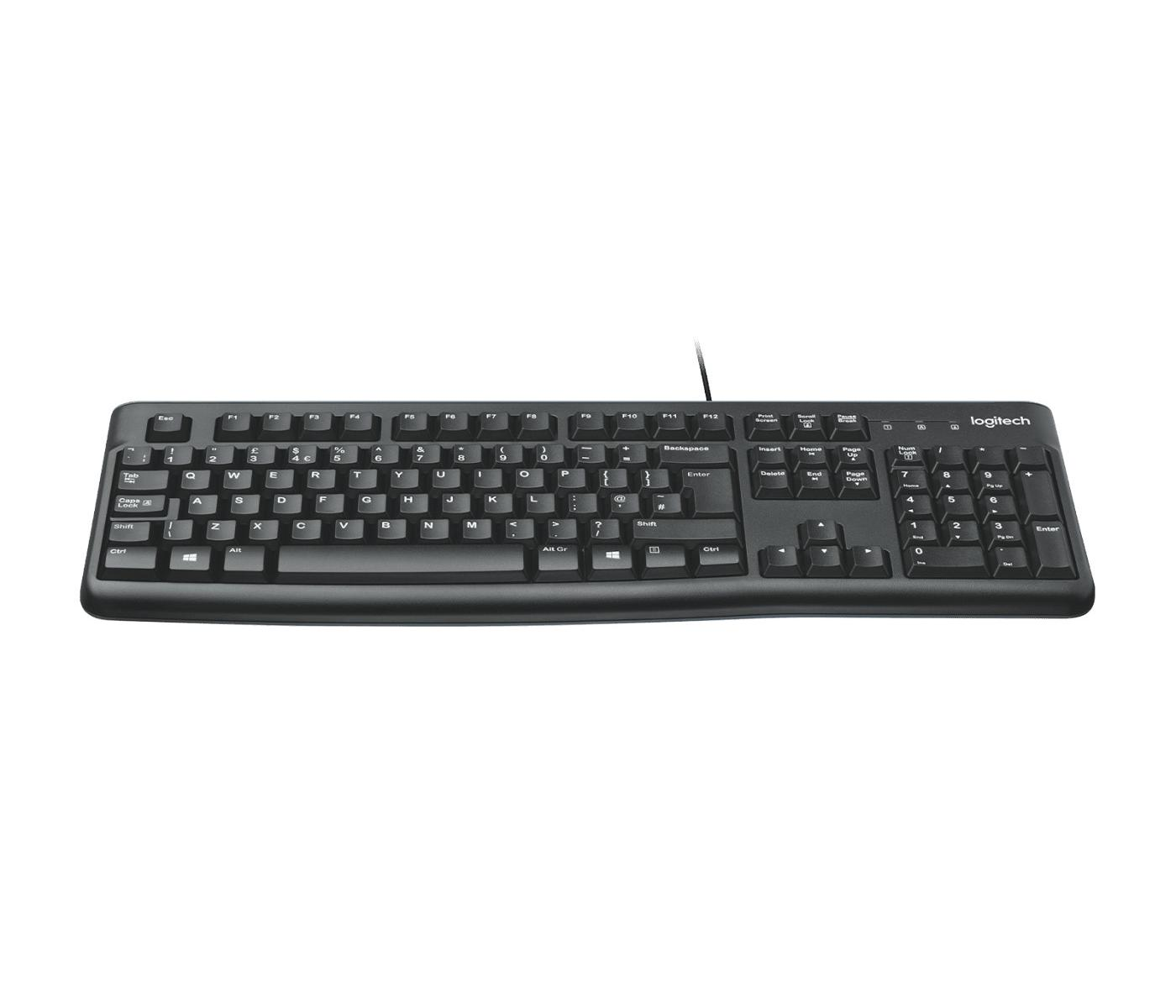 Zwart Logitech toetsenbord met kabel op witte achtergrond.