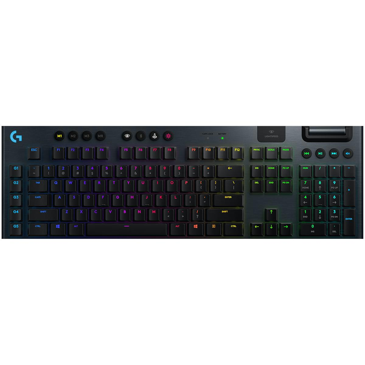 Una tastiera gaming Logitech nera con illuminazione RGB e tastierino numerico.