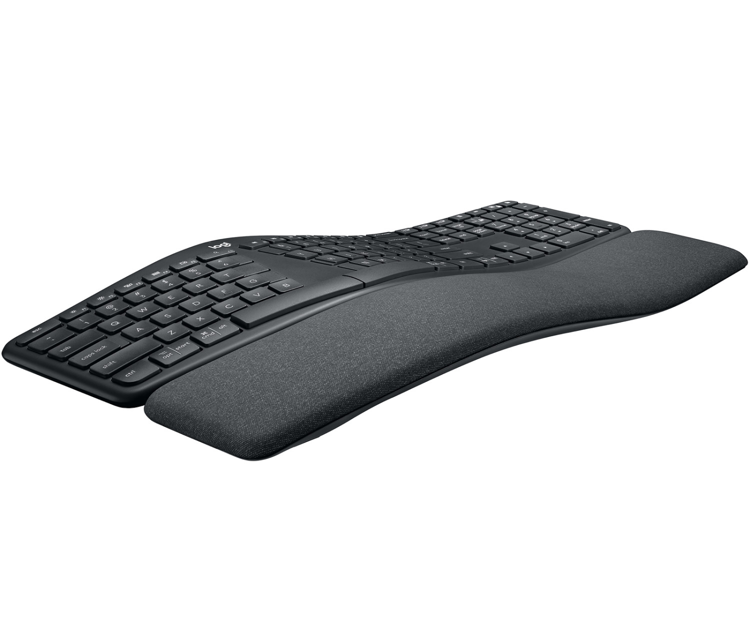 Ergonomisch zwart toetsenbord met polssteun, op witte achtergrond.