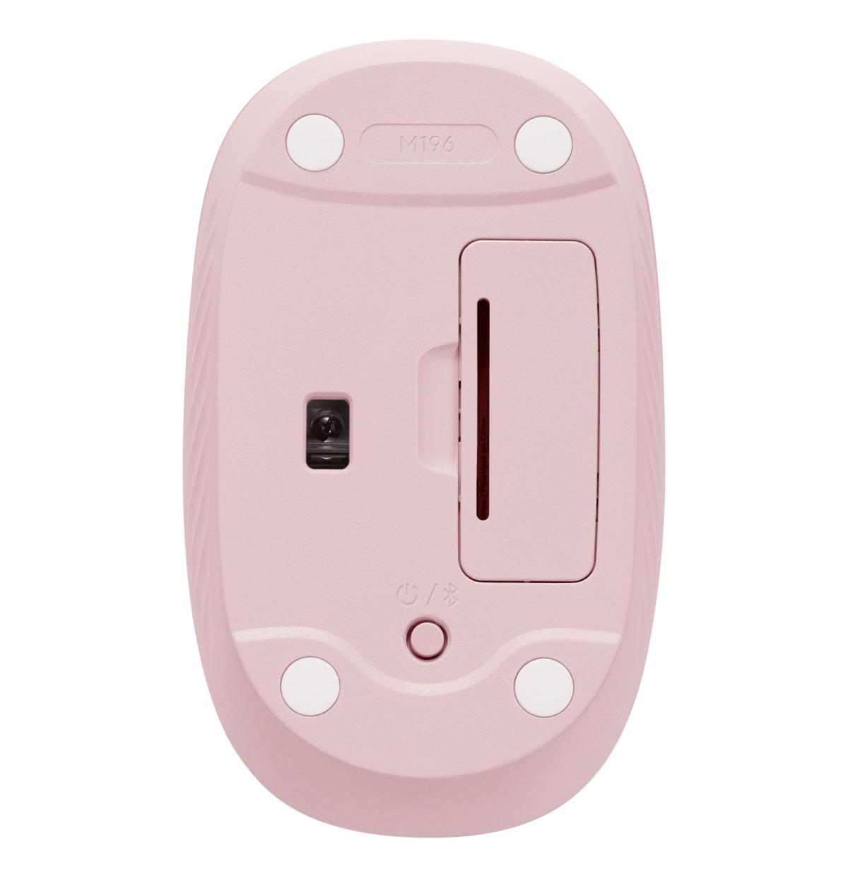 Onderkant van een roze muis met M196, optische sensor en batterijcompartiment.