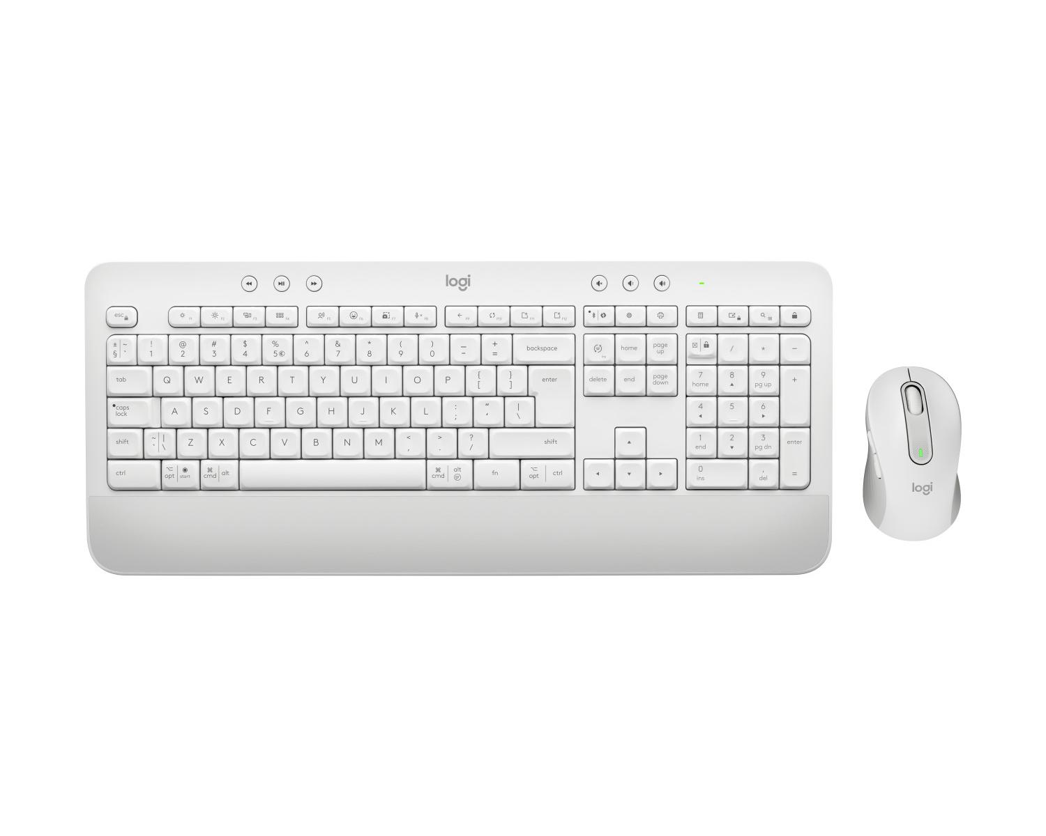 Una tastiera e un mouse Logitech bianchi sono mostrati su sfondo bianco.