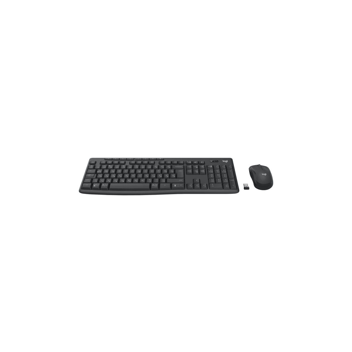 Tastiera e mouse Logitech neri con ricevitore USB.