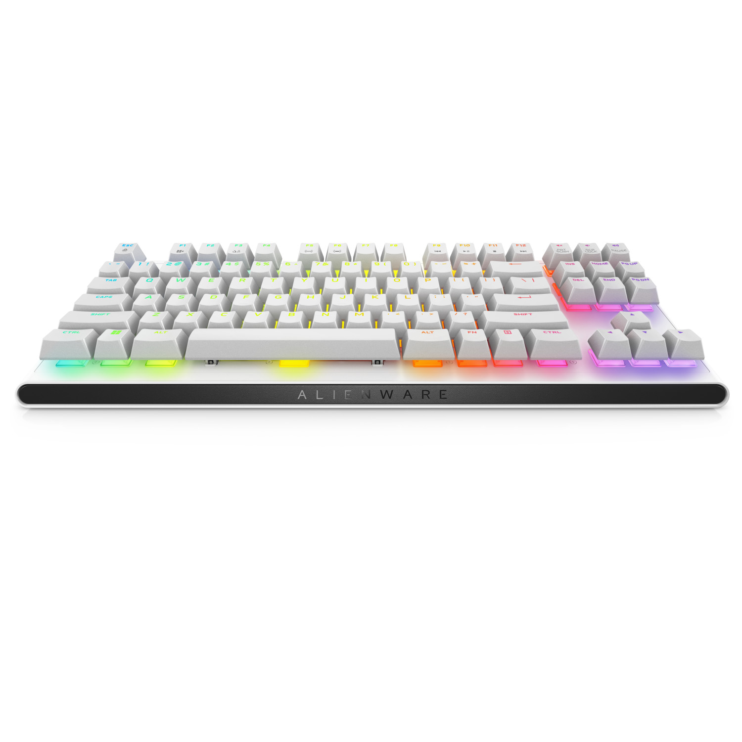 Eine weiße Alienware-Tastatur mit RGB-Beleuchtung auf Tasten und Sockel.