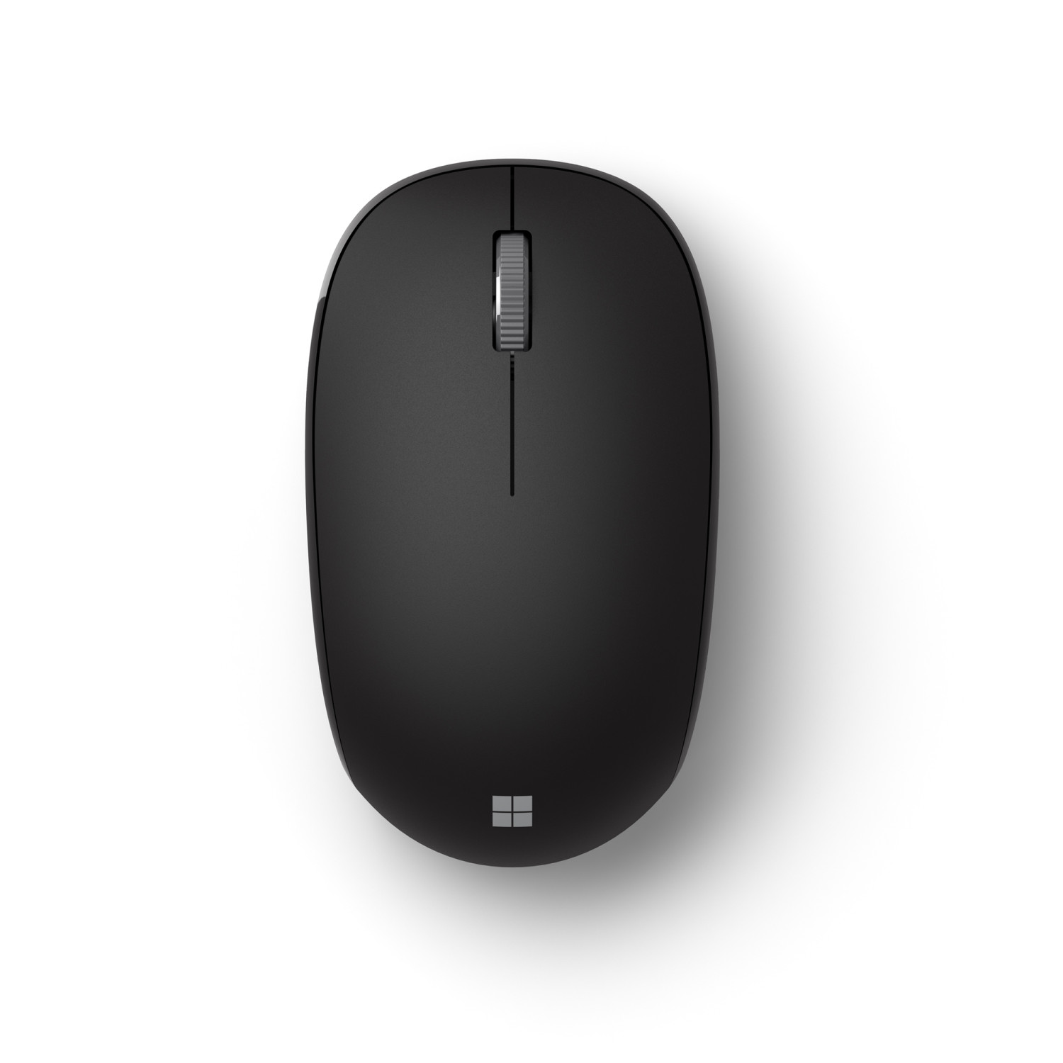 Un ratón de ordenador negro con rueda de desplazamiento y logo de Microsoft.