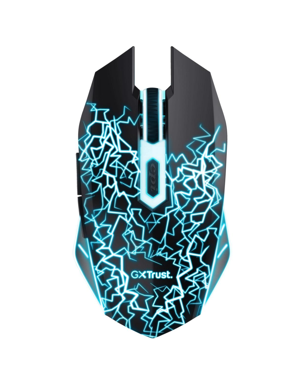 Mouse gaming nero con motivo a fulmine blu e rotellina illuminata.