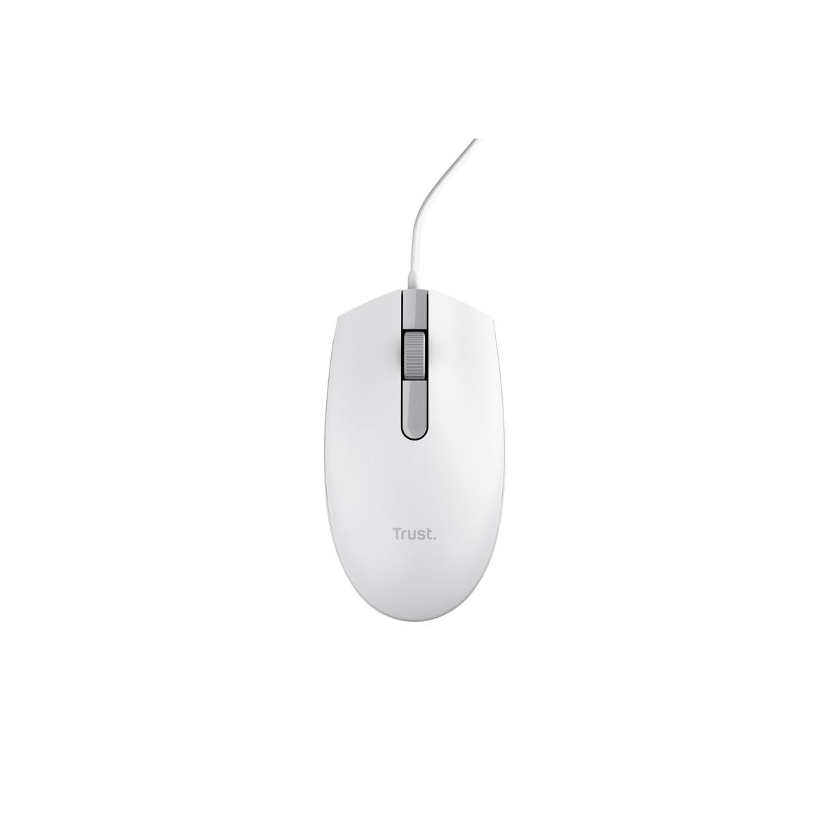 A white computer mouse with a scroll wheel and two buttons, connected by a cable.