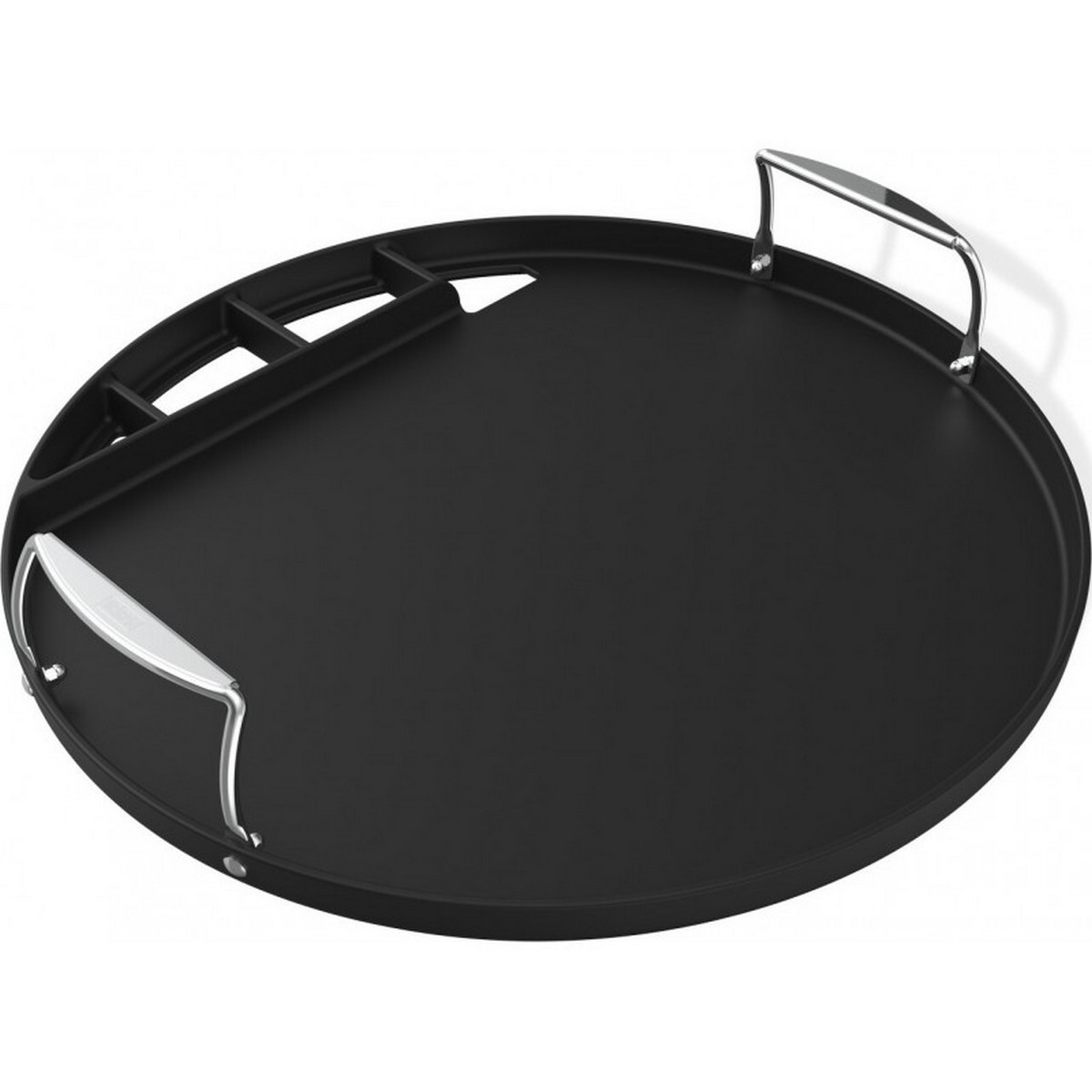 Schwarze runde Grillplatte mit zwei Metallgriffen und integriertem Organizer.