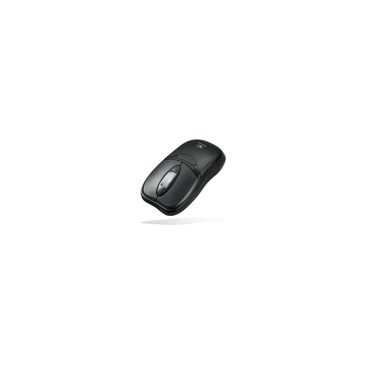 Un mouse per computer nero con rotellina di scorrimento e due pulsanti.