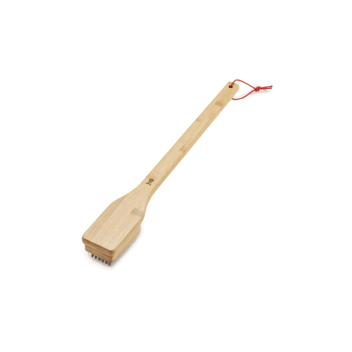 Holzgriff-Grillbürste mit Metallborsten und roter Schnur am Ende.
