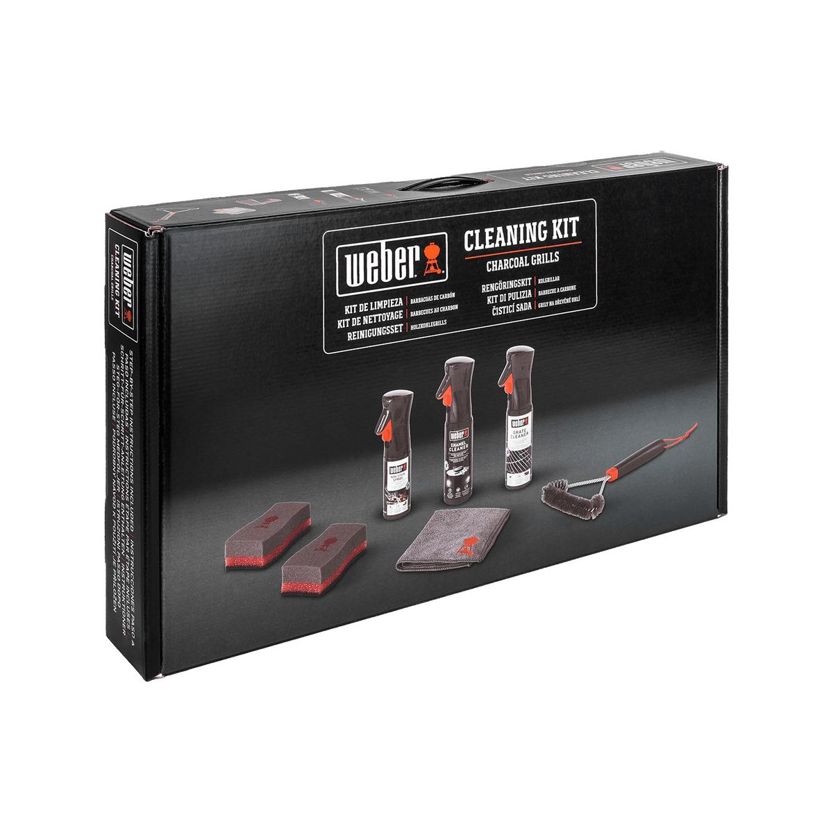 Kit de limpieza Weber para parrillas de carbón con sprays, cepillo, paño y esponjas.