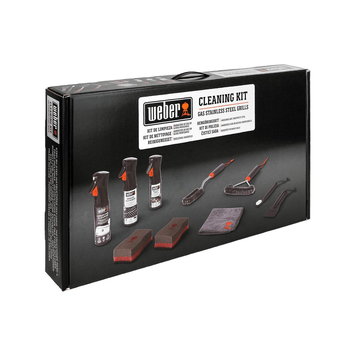 Kit de limpieza Weber para barbacoa de gas con cepillos, sprays, esponjas y paño.