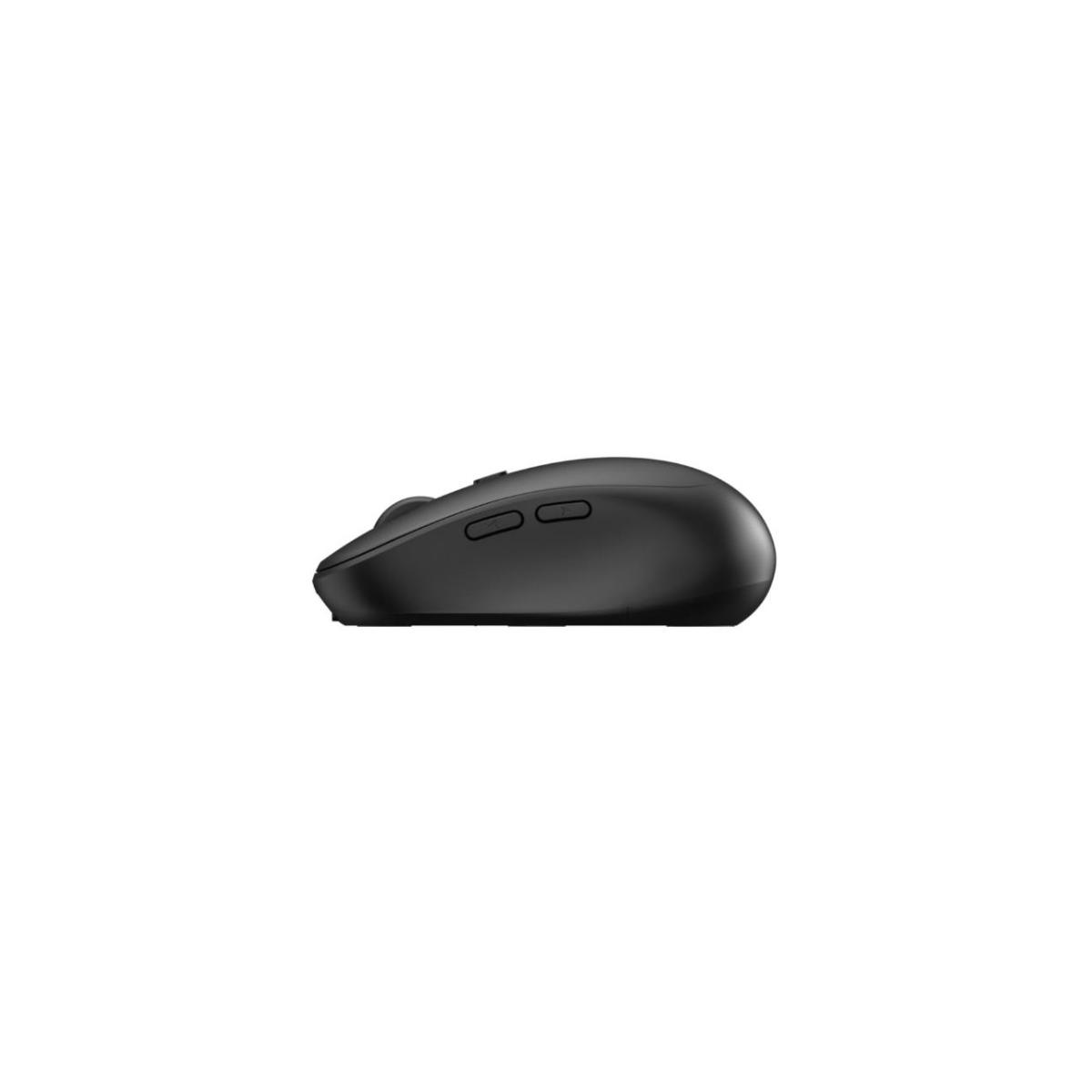 Un mouse per computer nero con due pulsanti su sfondo bianco.