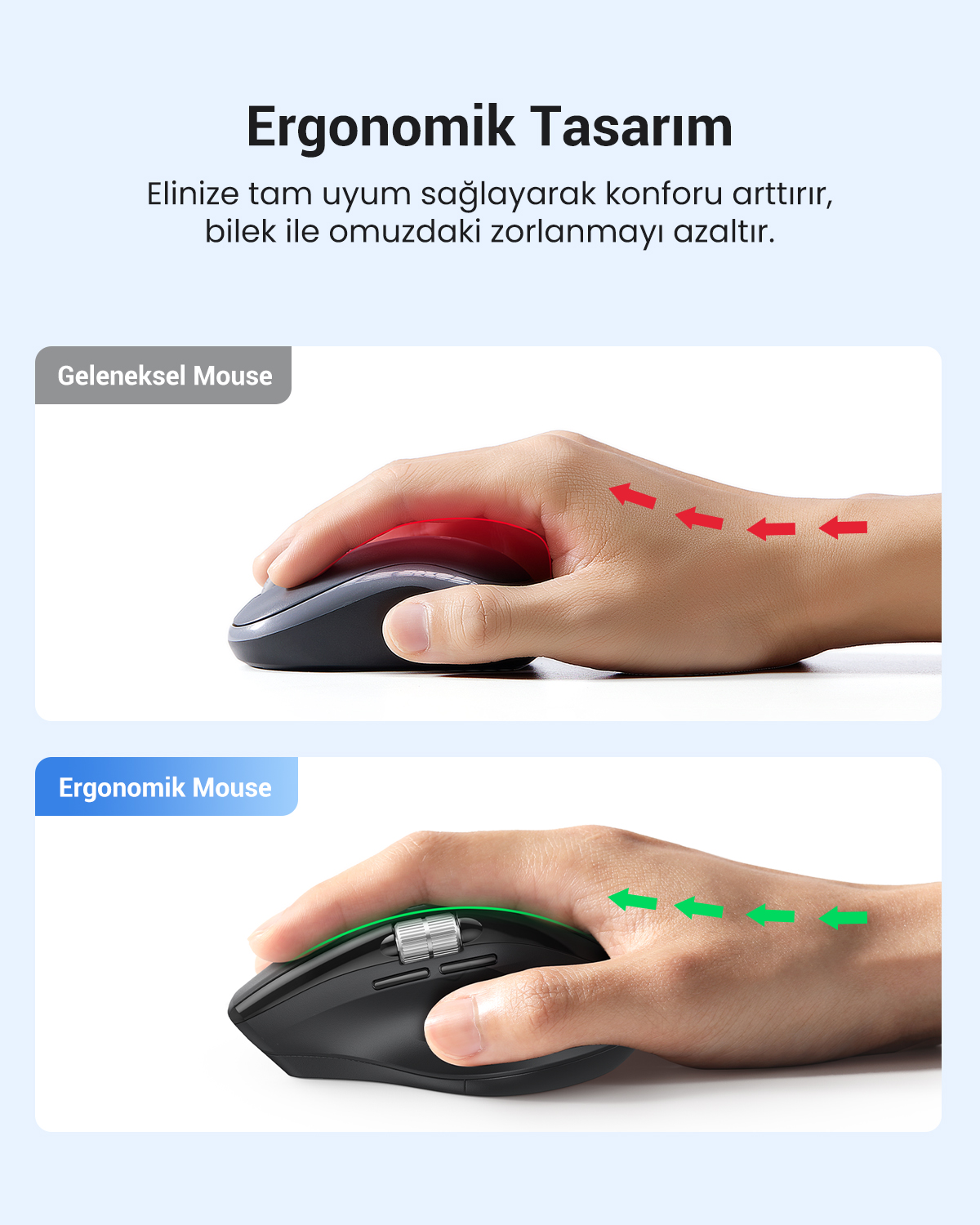 Confronto tra mouse tradizionali ed ergonomici, la posizione della mano mostra differenze.