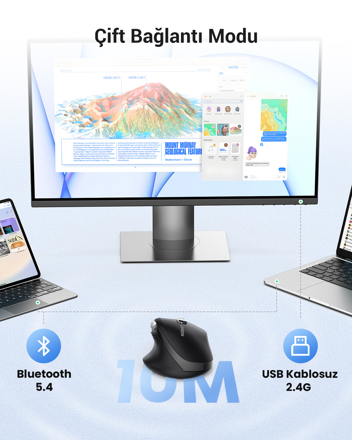 Un grande monitor mostra una mappa di montagna. Laptop e mouse sono accanto.