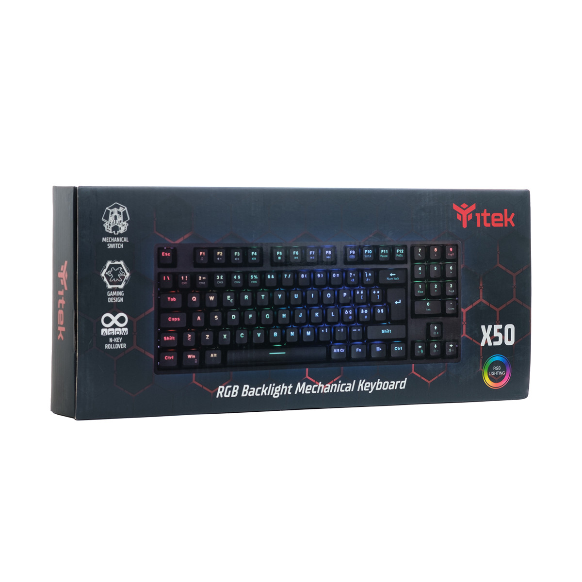 Confezione di una tastiera meccanica RGB nera con dettagli stampati.