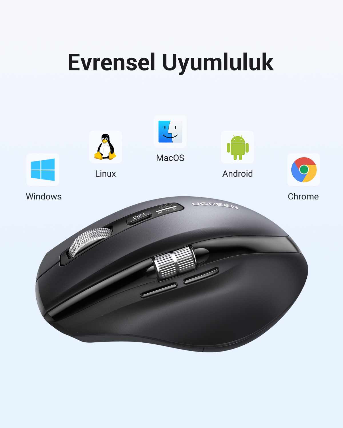 Un mouse per computer grigio scuro con rotelle di scorrimento e pulsanti. Le icone mostrano Windows, Linux, MacOS, Android, Chrome.