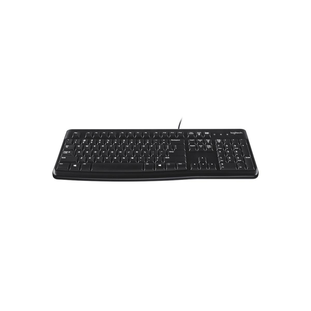 Schwarze Logitech-Tastatur mit Kabel und Ziffernblock, auf weißem Hintergrund.