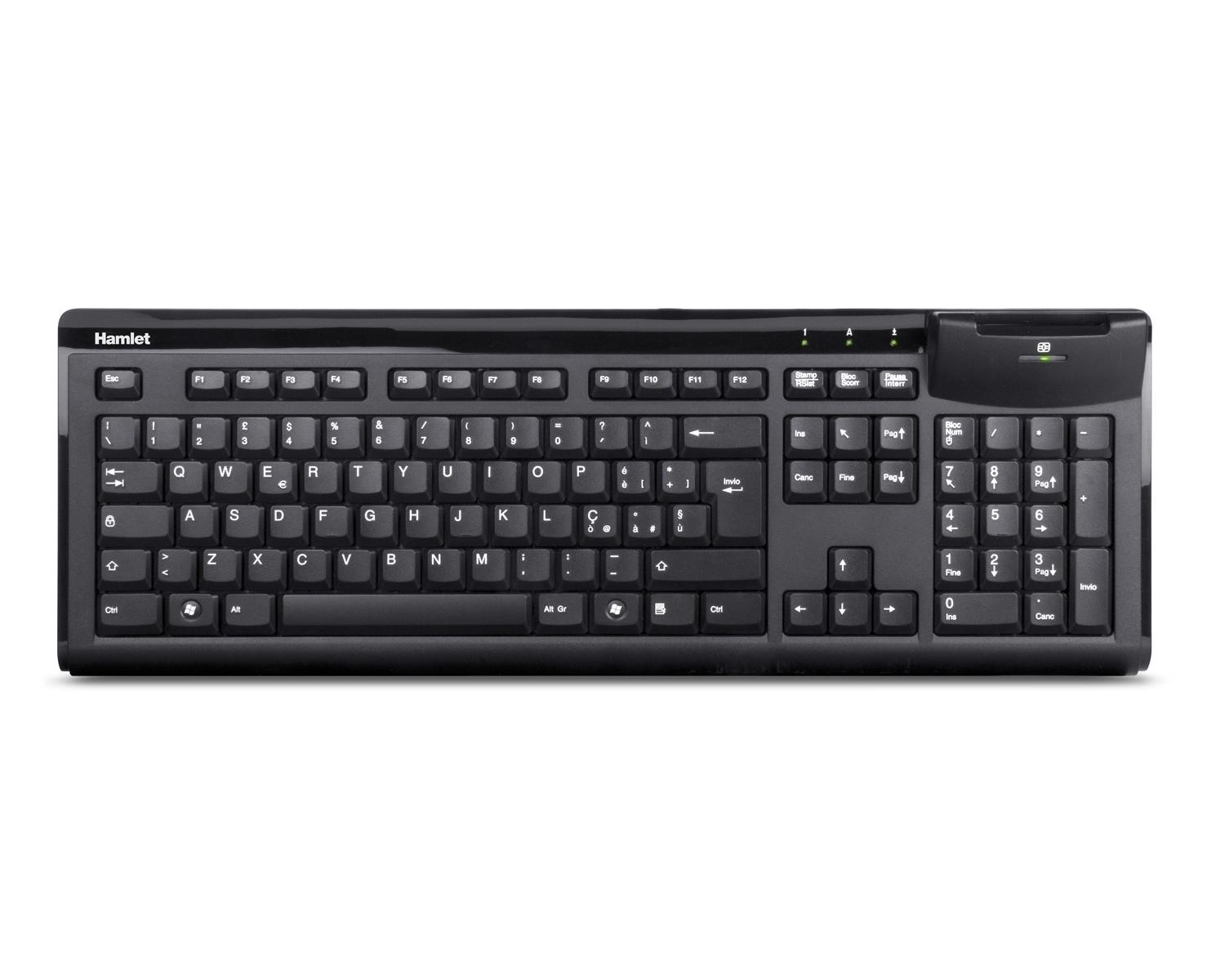 Una tastiera per computer nera marca Hamlet con tastierino numerico.