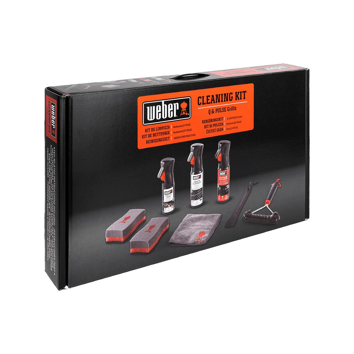 Kit de limpieza Weber para parrillas con botellas rociadoras, cepillo, paño y esponjas.