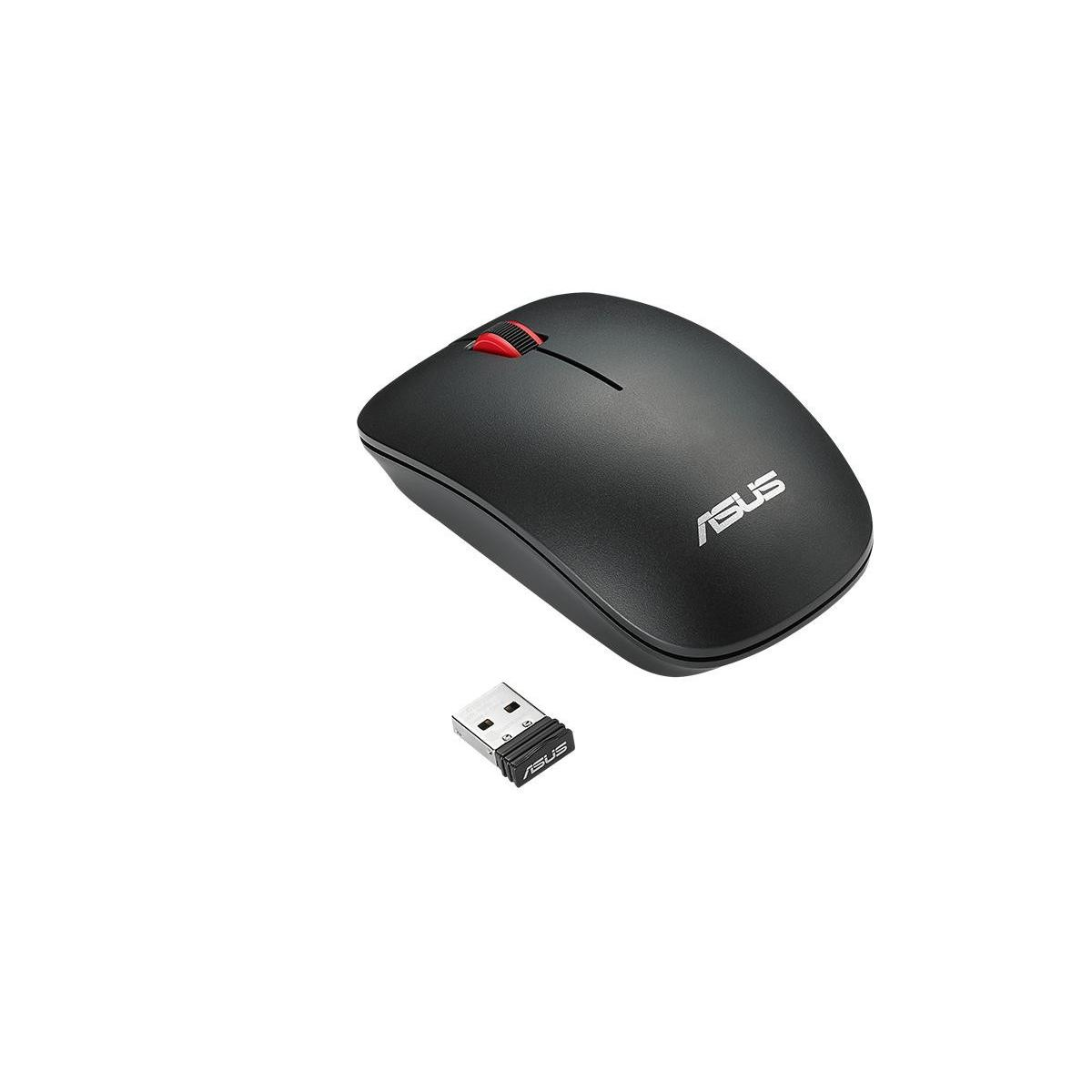 Zwarte ASUS muis met rood scrollwiel en USB-ontvanger op witte achtergrond.