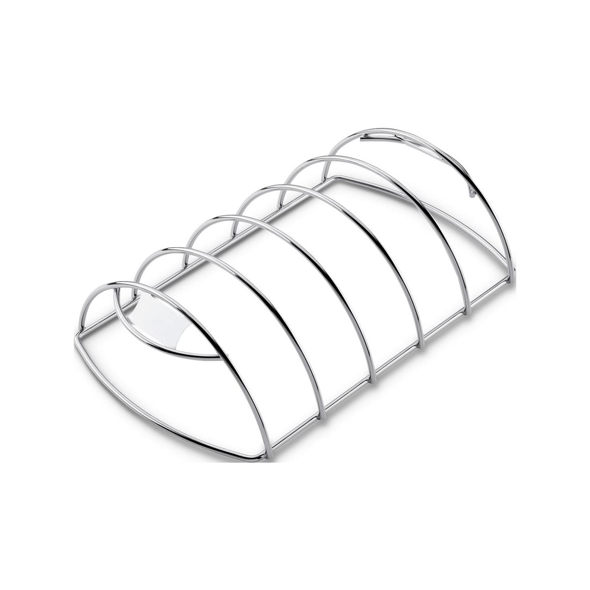 Un soporte para asados de metal plateado y brillante con seis barras curvas.