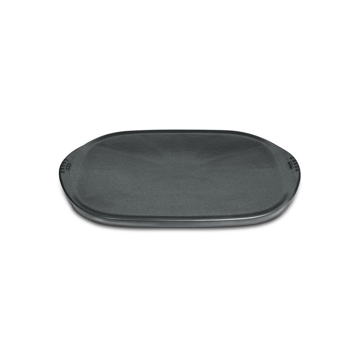 A flat, rectangular, dark gray cast iron grill plate.