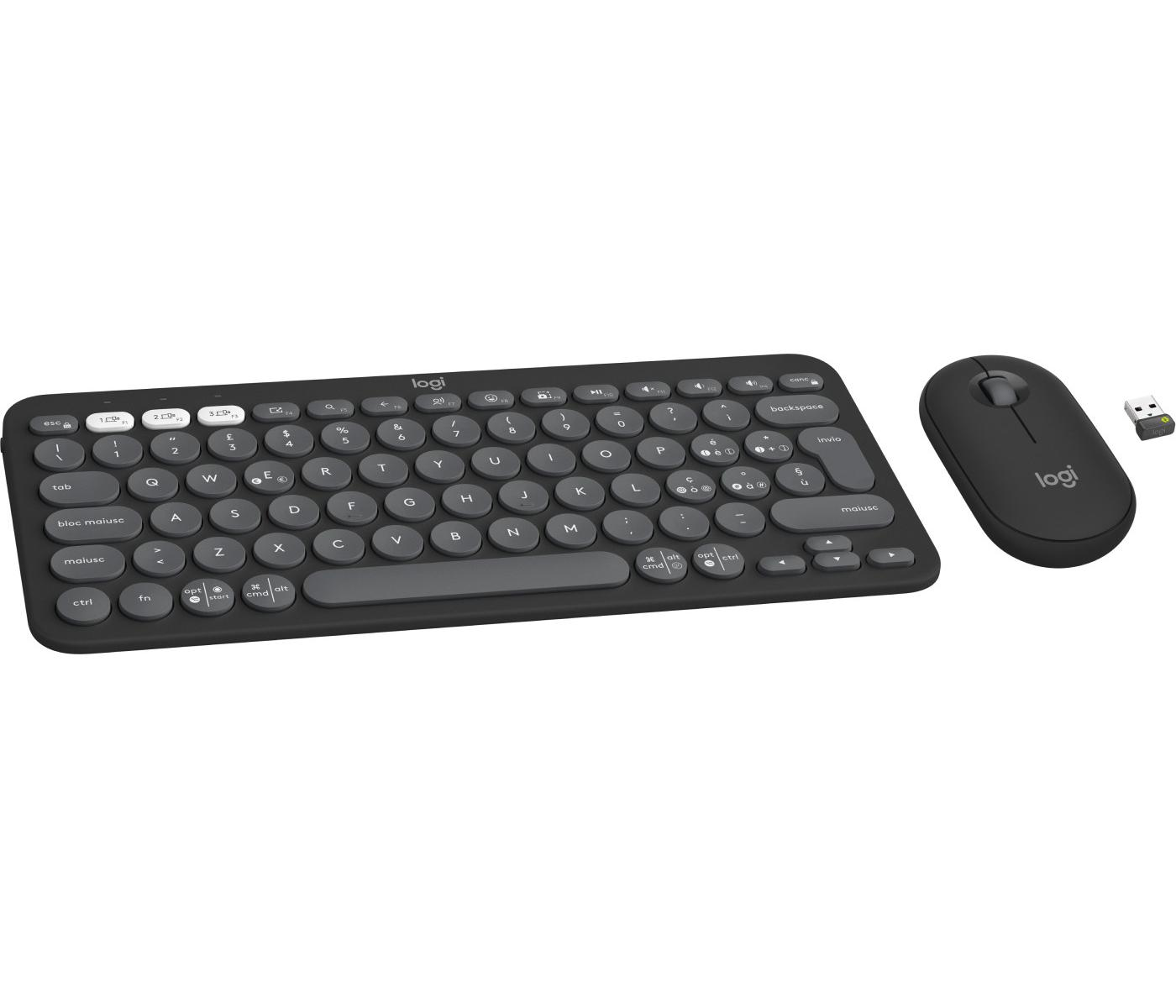 Tastiera e mouse Logitech neri con ricevitore USB su sfondo bianco.