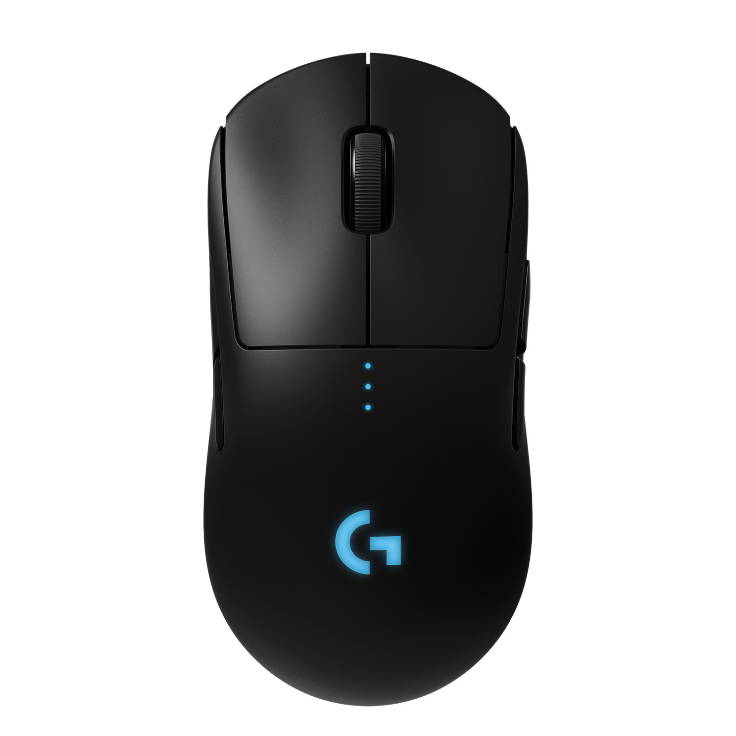 Czarna mysz gamingowa z niebieskim logo Logitech i wskaźnikiem naładowania.