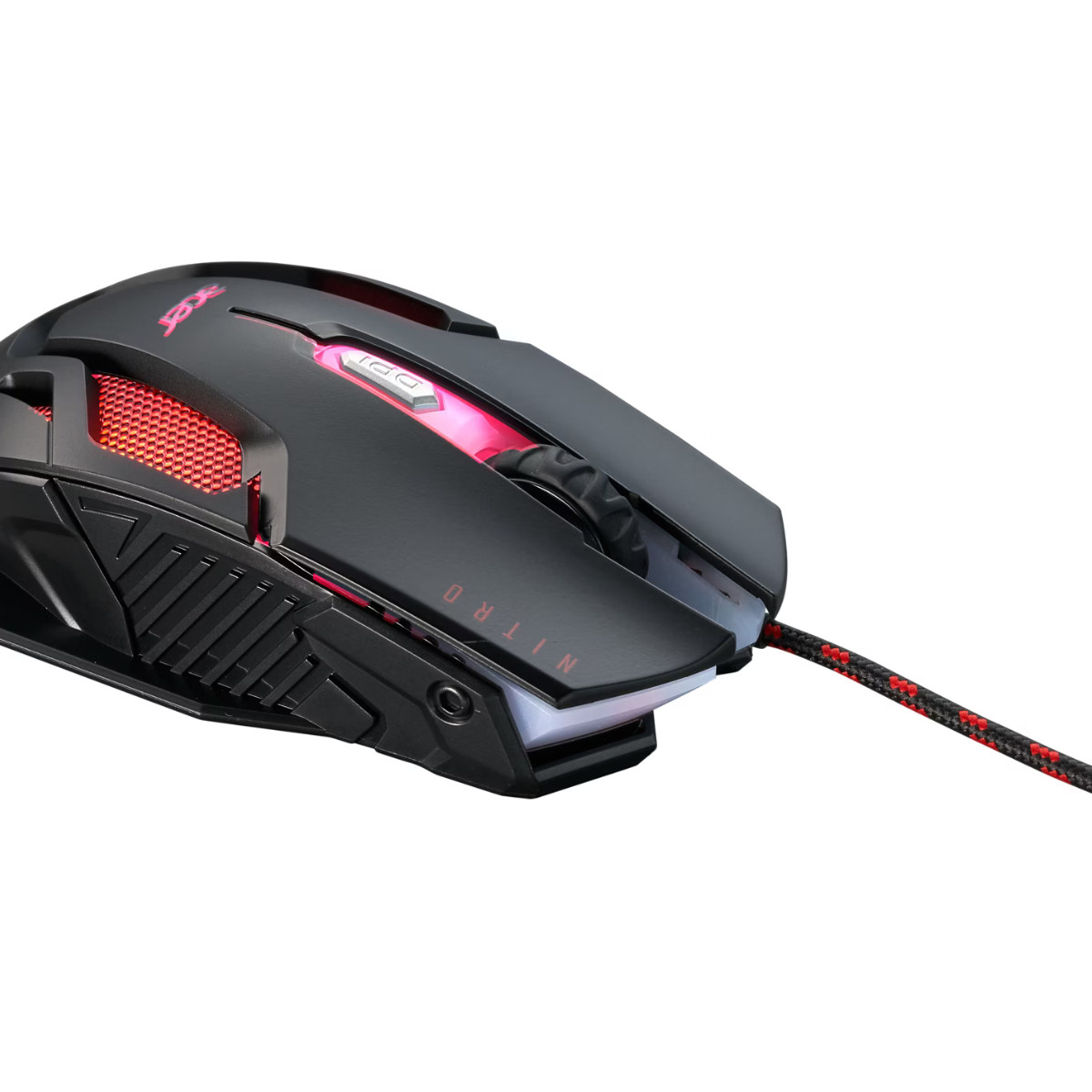 Black gaming mouse with red accents and illuminated scroll wheel.