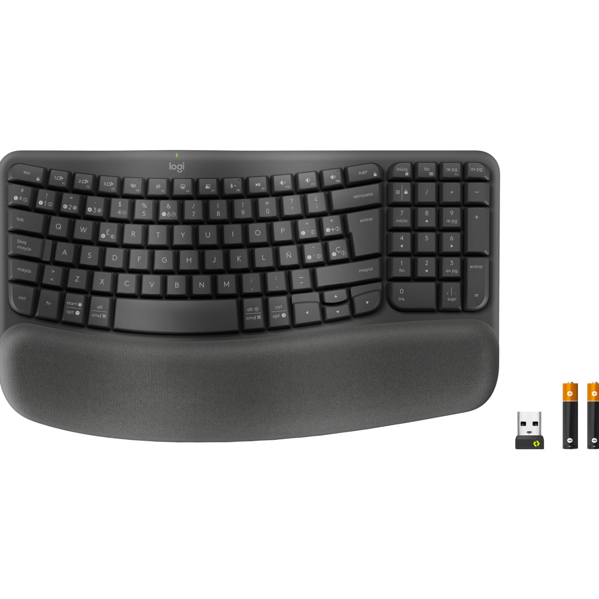 Un teclado ergonómico Logitech negro con reposamuñecas, dongle USB y baterías.