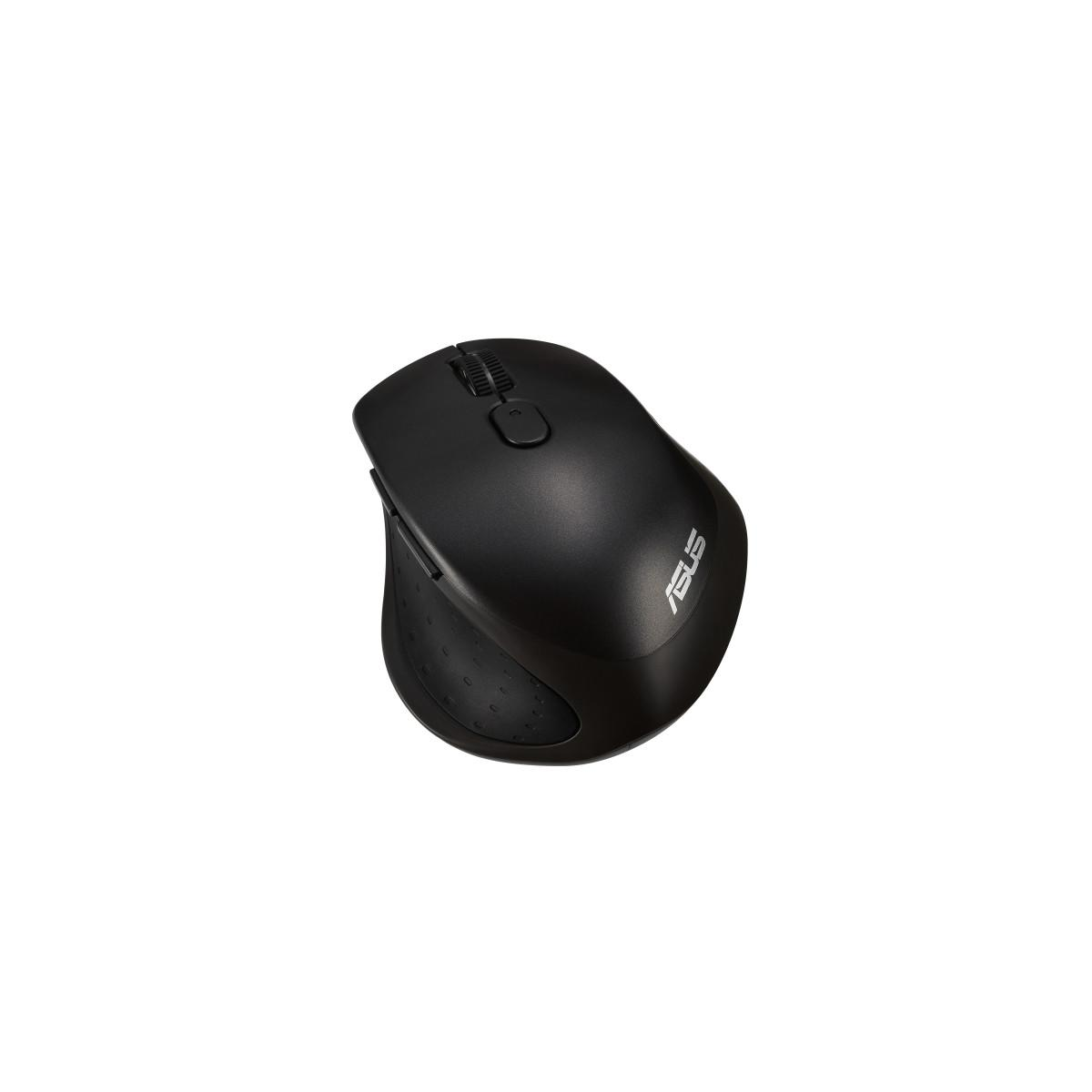 Zwarte ASUS computermuis met scrollwiel en verlicht ASUS-logo.