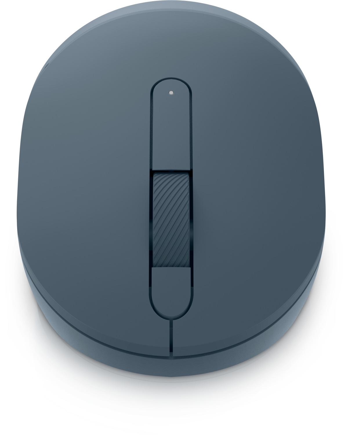 Vista dall'alto di un mouse per computer blu con rotellina di scorrimento e una piccola luce LED.