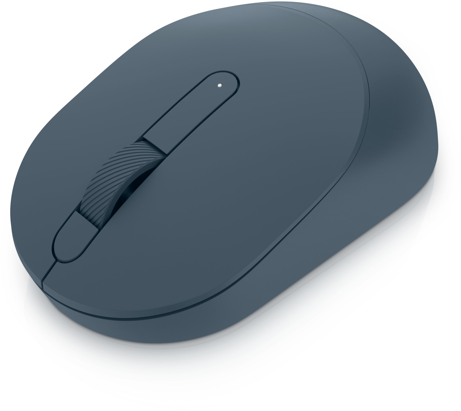 Un mouse wireless blu scuro con rotellina di scorrimento scanalata su sfondo bianco.