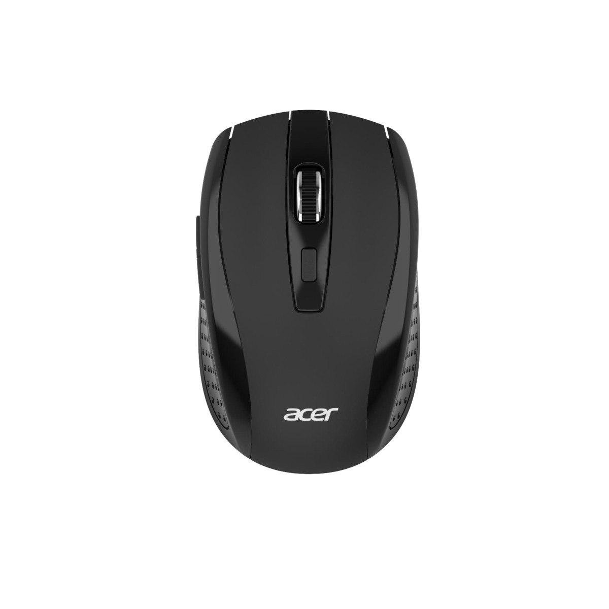 Een zwarte Acer computermuis met scrollwiel en knoppen, op witte achtergrond.