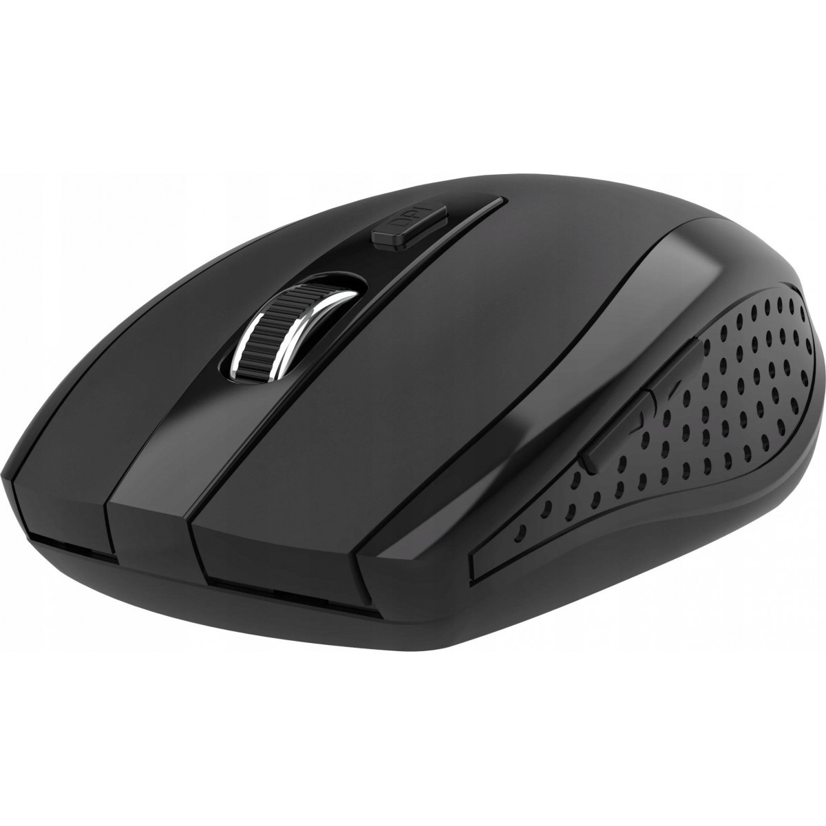 Zwarte draadloze computermuis met scrollwiel en DPI-knop.