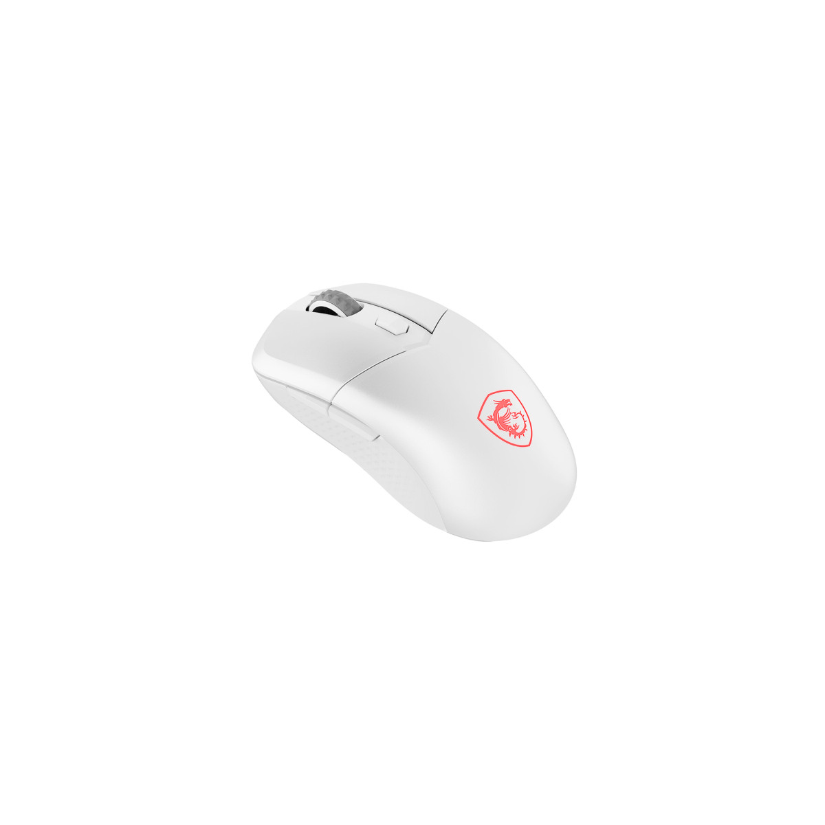Witte gamingmuis met rood MSI drakenlogo en scrollwiel.