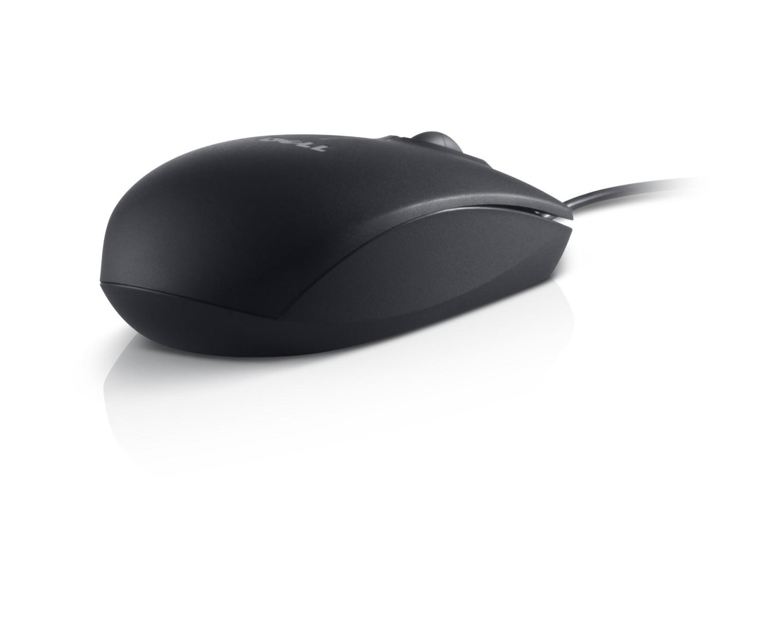 Mouse per computer Dell nero su sfondo bianco con riflesso.
