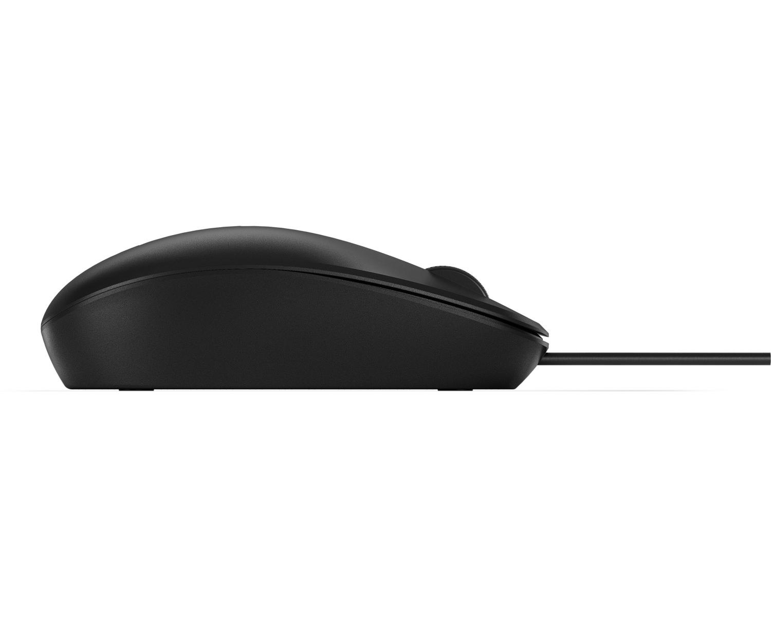 Ratón de ordenador negro de lado con cable sobre fondo blanco.