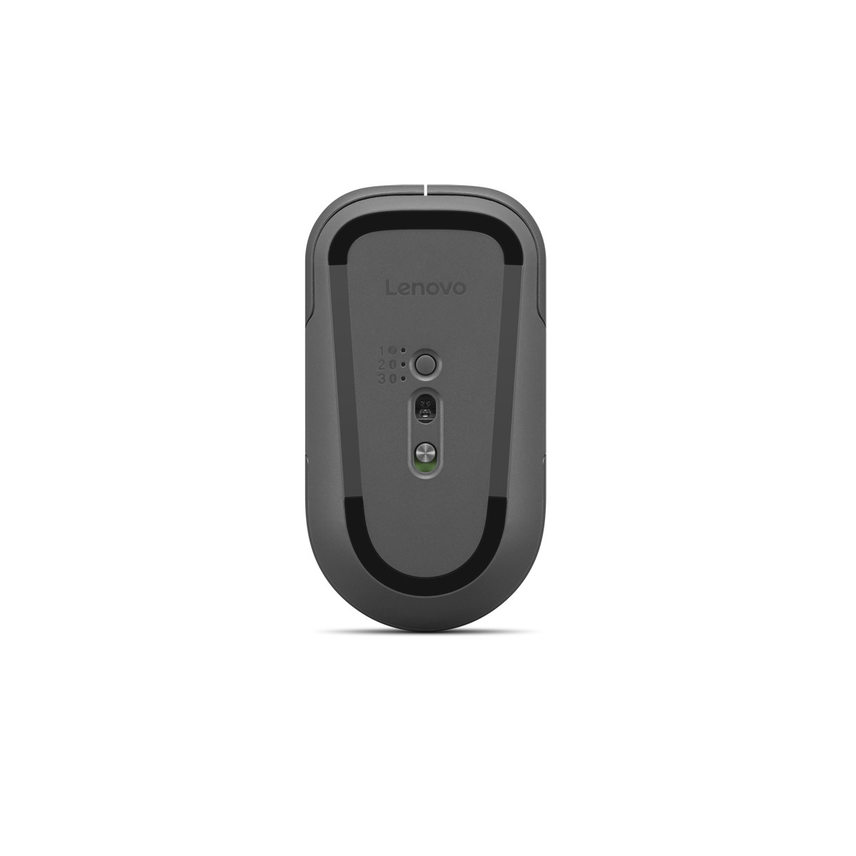 Underside of a gray Lenovo mouse showing DPI settings and power switch.